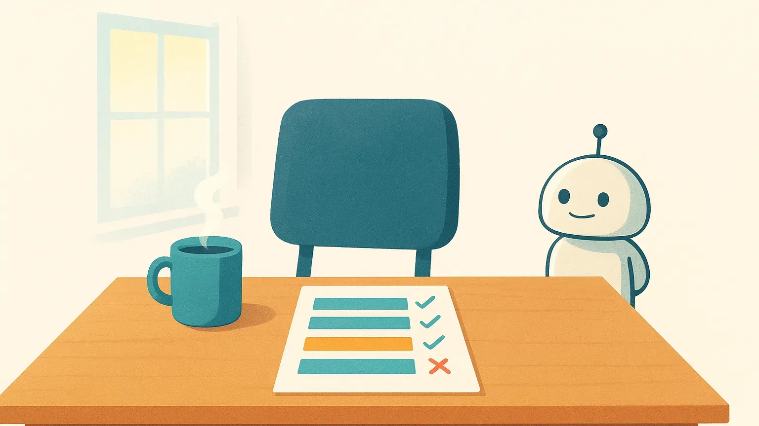 Leeg bureau in ochtendlicht met een koffiekop en een uitgeprint rapport met vinkjes en één kruisje; een kleine robot kijkt toe met de handen op de rug