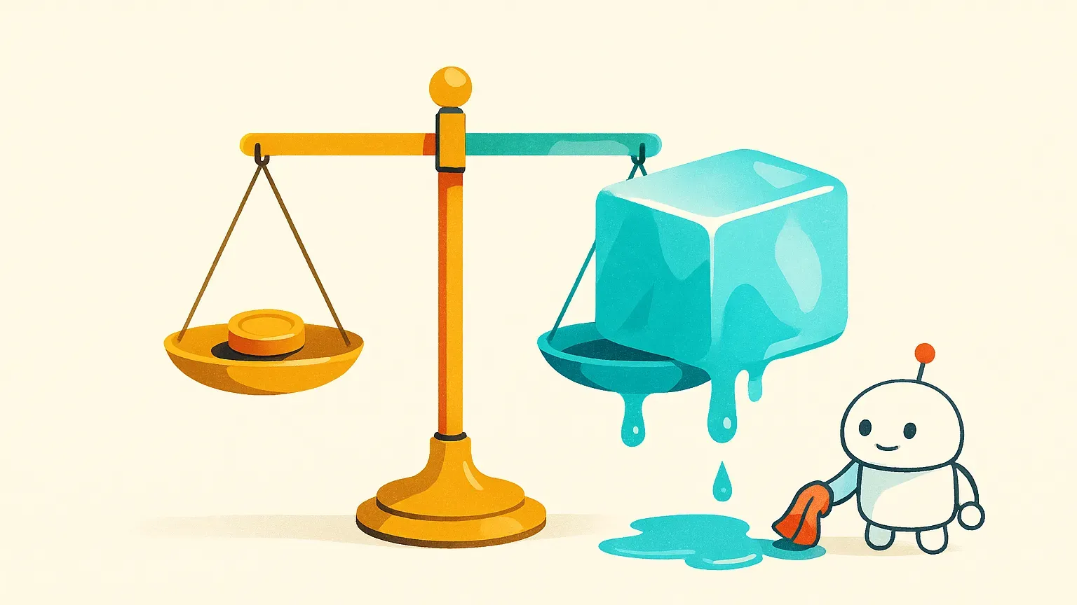 Balance scale with one small coin on one pan and a large melting block of ice on the other, hanging level, while a small robot mops the puddle