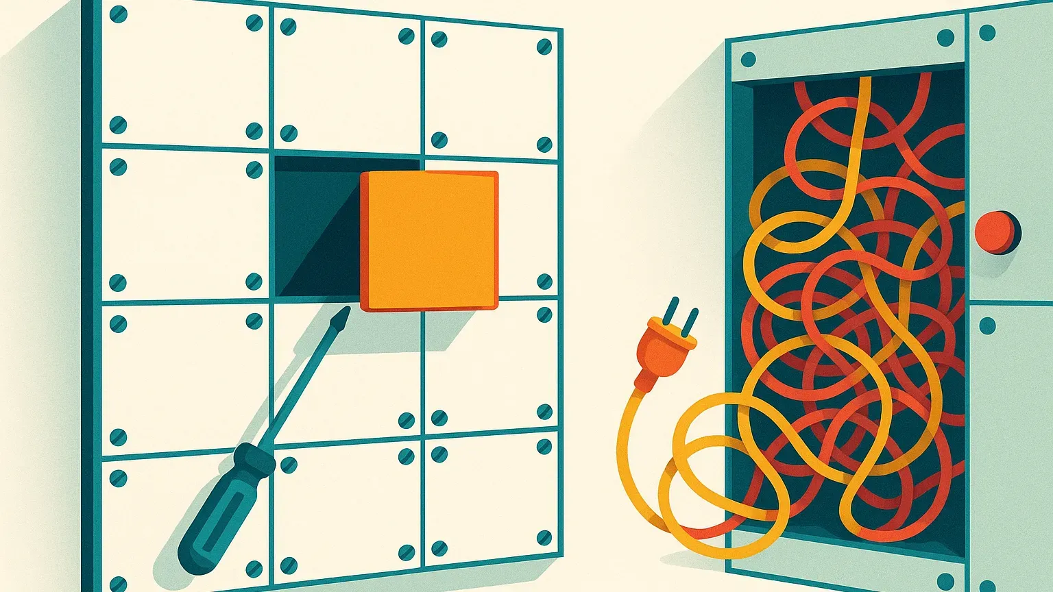 Modulair paneel waarin één cel precies wordt vervangen, met ernaast een vak vol in de knoop geraakte kabels.
