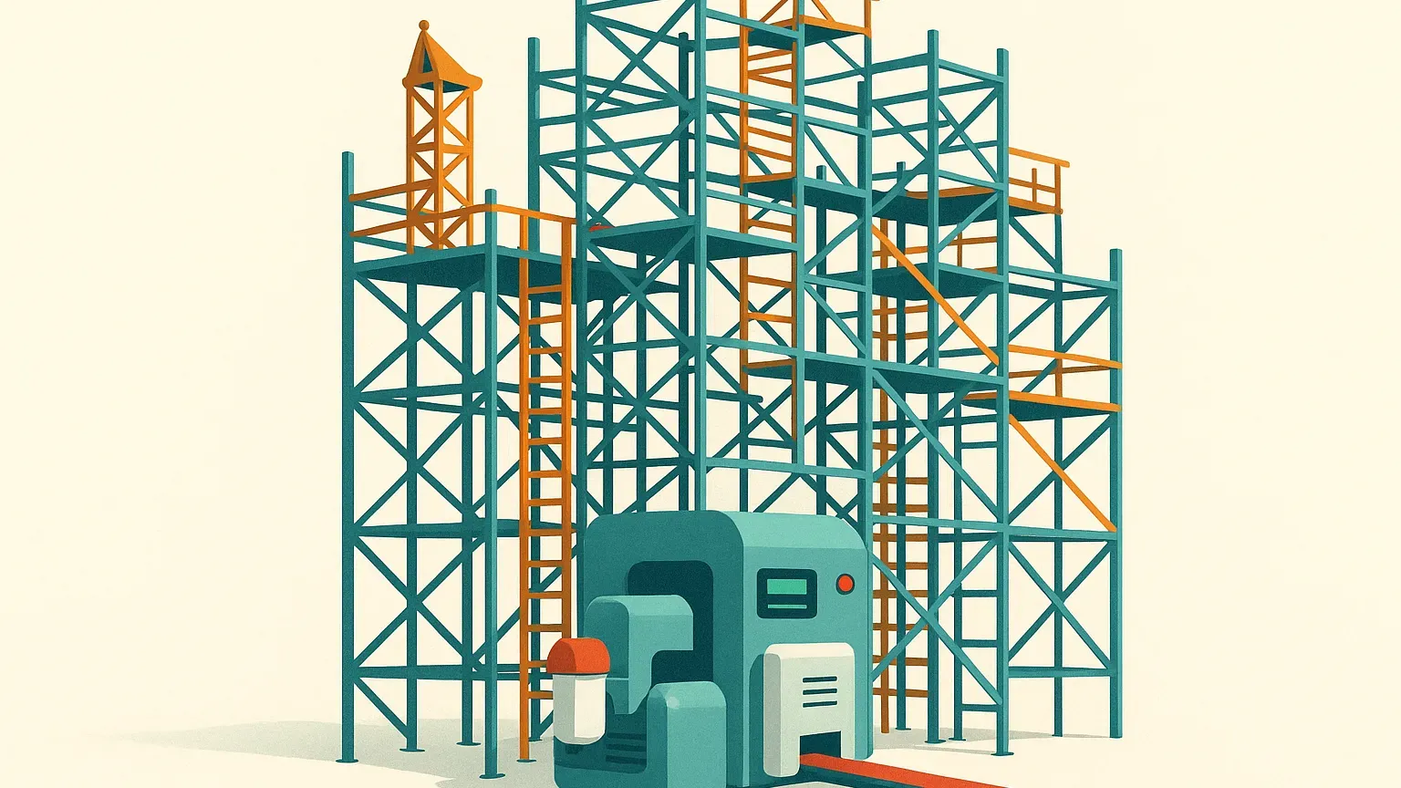 Kleine machine die vrijwel volledig schuilgaat achter een uitgegroeide steigerconstructie.
