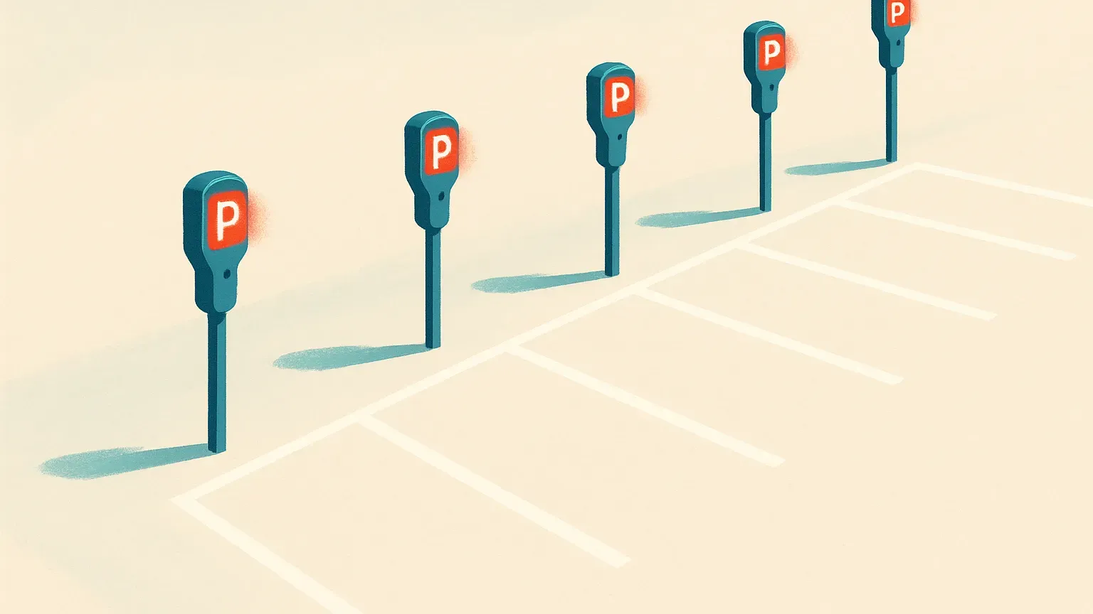Rij lege parkeervakken waarbij elke meter aan staat en oplicht.