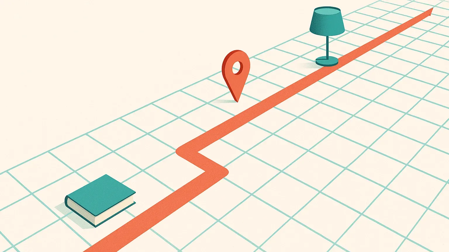 Gemarkeerde route die diagonaal omhoog loopt door een uitgestrekt raster.