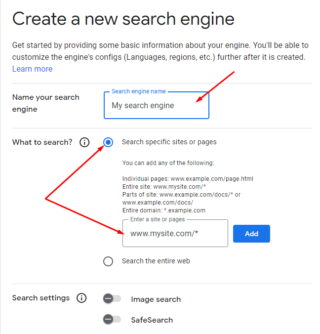 

Software screenshot to create a new search engine; rectangle font, circle,