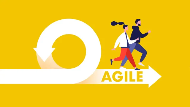 

Happy people in nature making "AGILE" gesture with yellow font logo