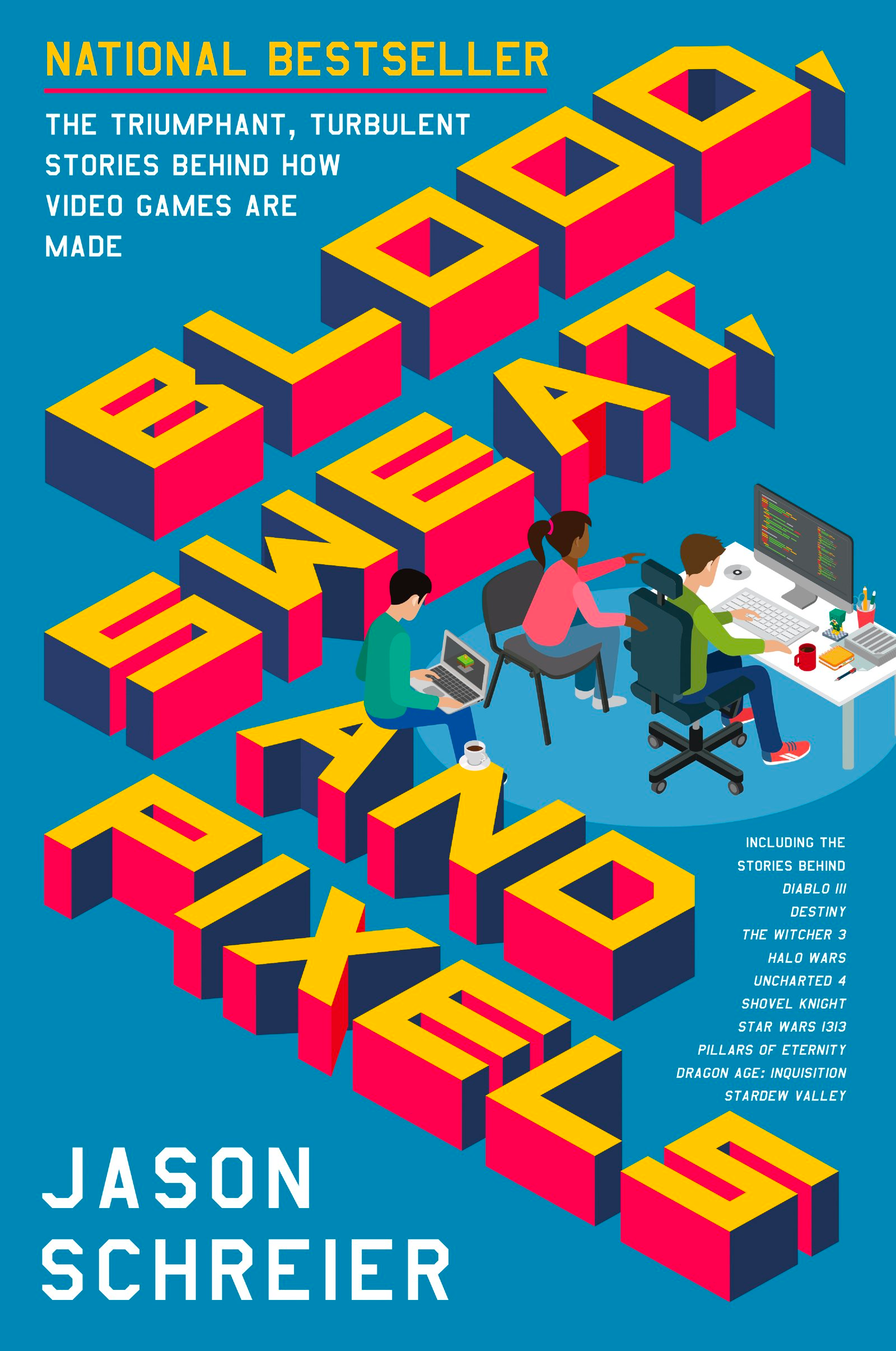 Electric-blue font poster advertising brand with stories of video game making.