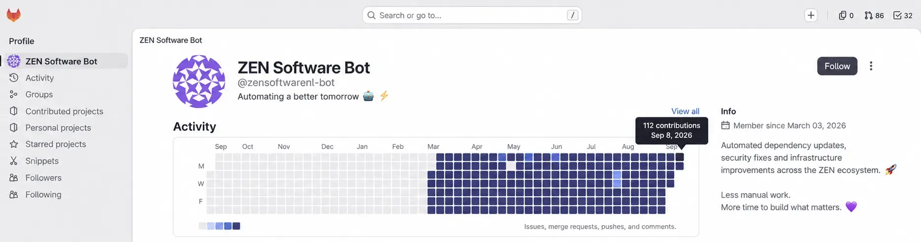 GitLab-profiel van de ZEN Software Bot: een bijdragegrafiek die van maart tot september vrijwel elke werkdag gevuld is, met 112 bijdragen op 8 september 2026. De bio meldt geautomatiseerde dependency-updates, security-fixes en infrastructuurverbeteringen.