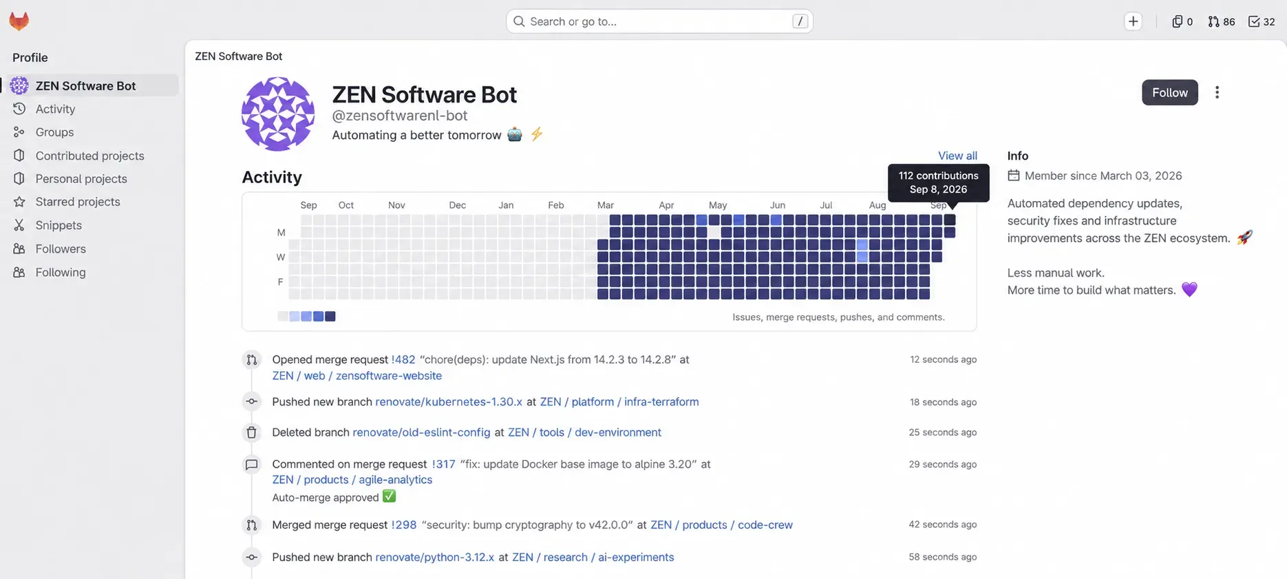 GitLab-profiel van de ZEN Software Bot met 112 bijdragen op 8 september 2026, en de activiteitenfeed eronder: een Next.js-update, een nieuwe branch voor Kubernetes 1.30, een goedgekeurde auto-merge en een security-bump van cryptography naar v42.