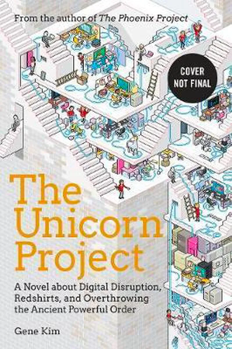 "Urban-design poster art illustration featuring Gene Kim's novel, "