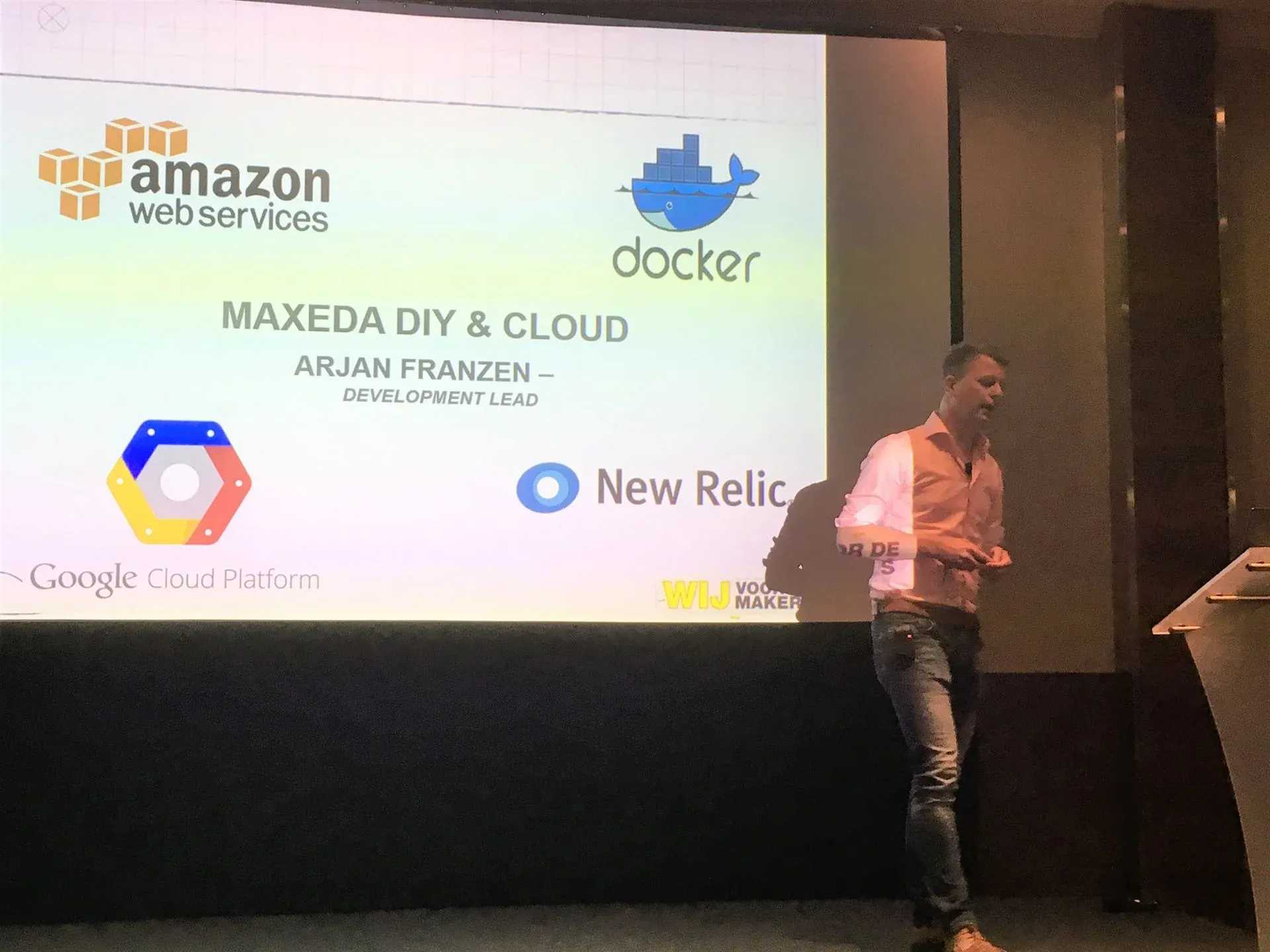 "Docker logo w/ text for Amazon, Google, New Relic