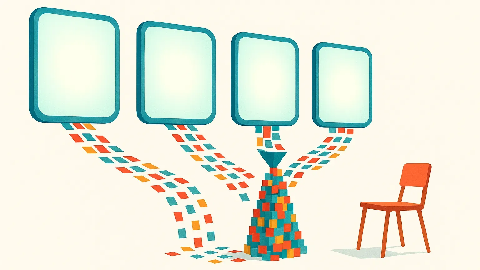 Illustration: four glowing screens each send a stream of data tiles into a single funnel, where the work piles up beside an empty chair