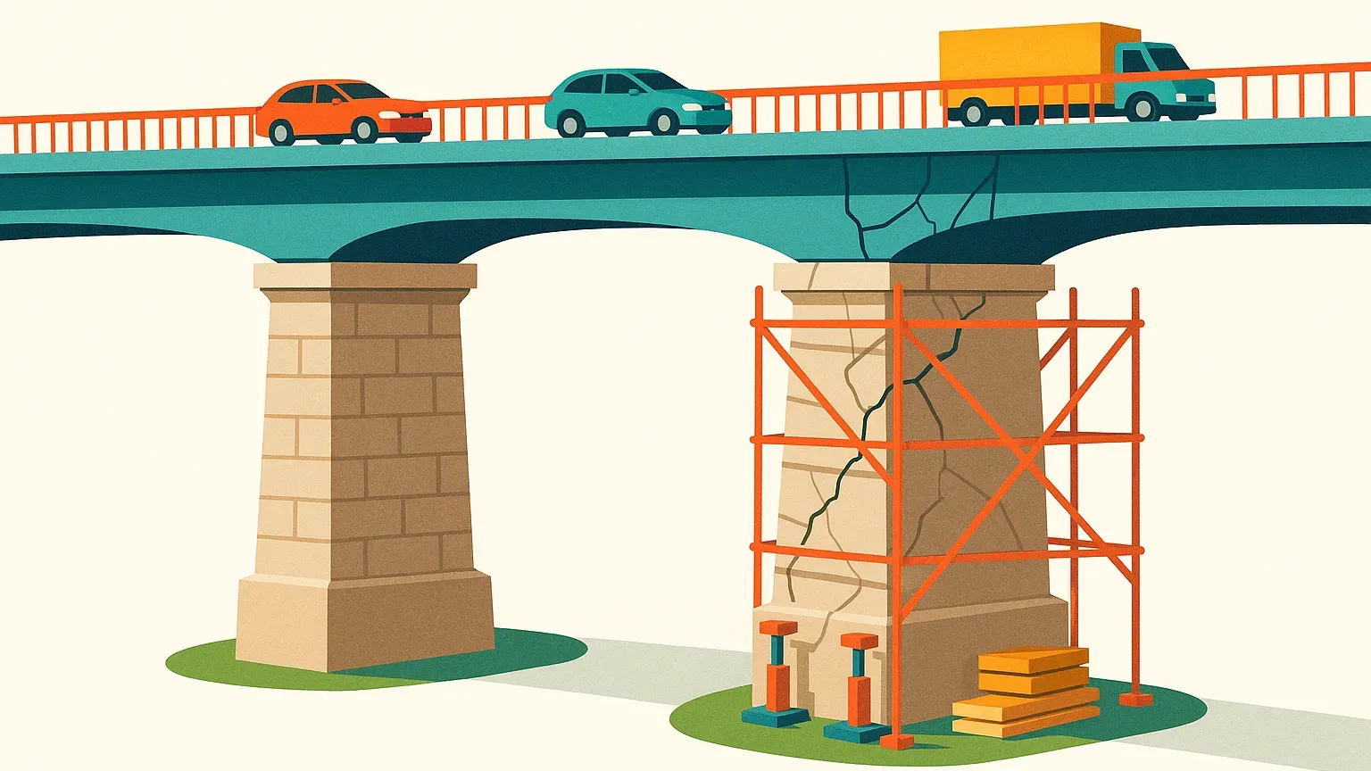 Illustration: a bridge resting on two piers, the right one cracked and held up by scaffolding, while traffic keeps flowing across it.