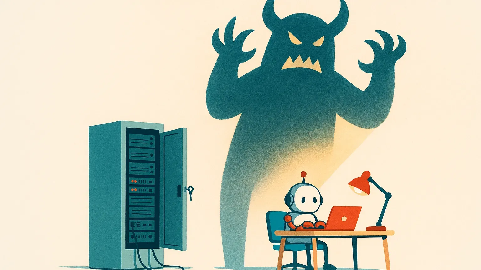 Illustratie: een klein robotje typt rustig aan een bureau terwijl de bureaulamp een reusachtige monsterschaduw op de muur werpt, naast een serverkast die wagenwijd openstaat met de sleutel nog in het slot