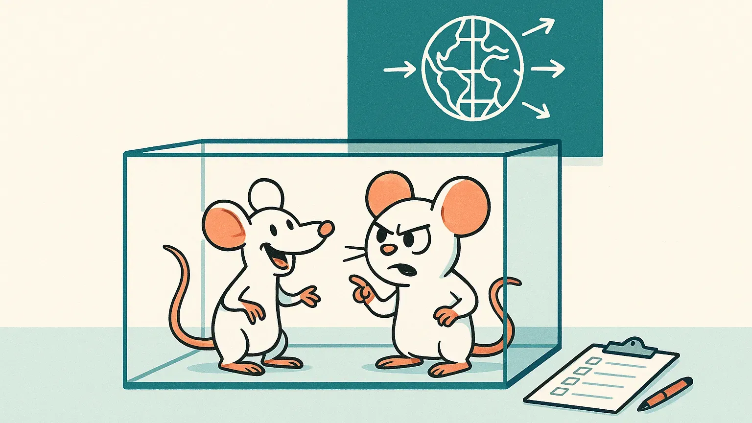 Illustratie: twee witte laboratoriummuizen in een glazen bak, de ene klein en grijnzend, de andere met een reusachtig hoofd en een plan, met op de muur een schoolbord met een wereldbol en pijlen en op de tafel een lege checklist
