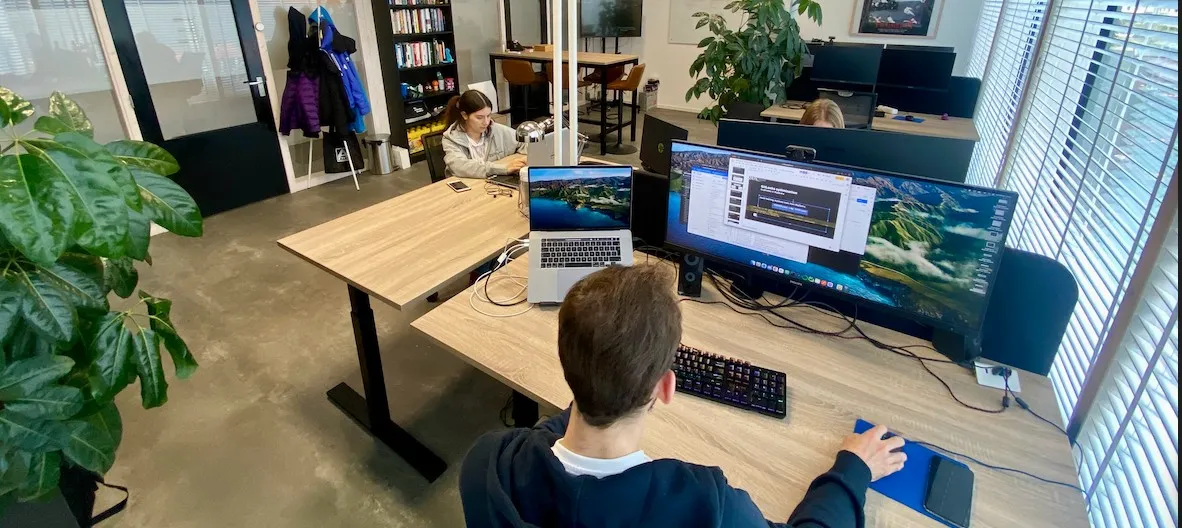 

Modern desk, perfect for home office setup with computer, monitor and keyboard