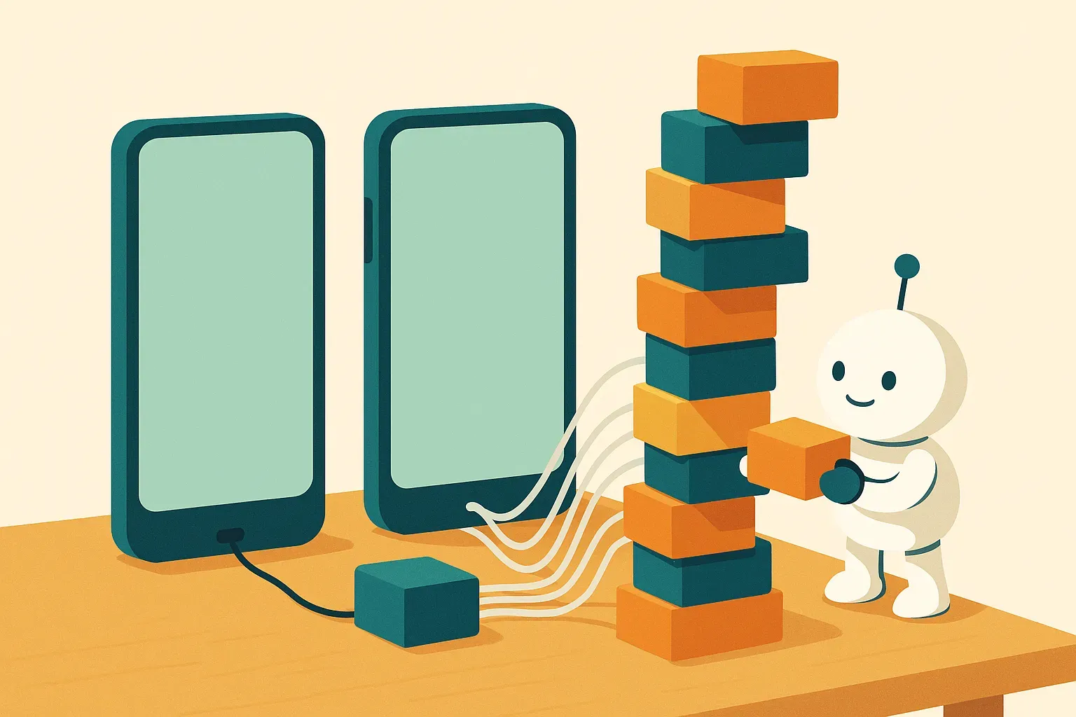 Illustratie: twee even grote telefoons op een bureau. Van de ene loopt één kabel naar een klein kastje, van de andere lopen veel kabels naar een hoge toren van bouwblokken die een klein wit robotje nog aan het stapelen is.