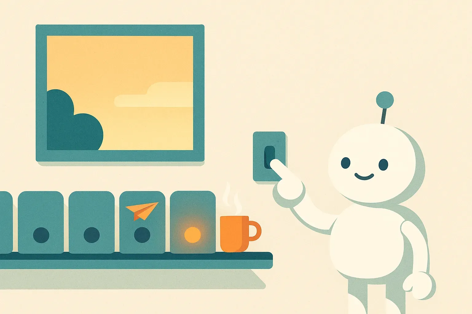 Illustratie: een klein wit robotje zet een wandschakelaar om. Op een plank staan zes servertjes, waarvan er vier uit zijn en twee nog zacht oranje branden, naast een dampende koffiemok en een avondraam.