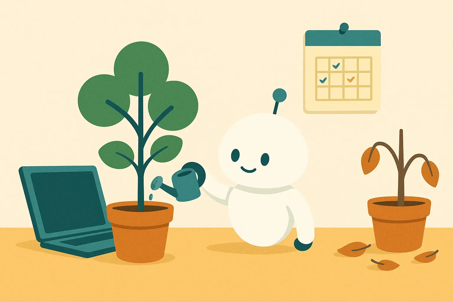 Illustratie: een klein wit robotje geeft een gezond boompje in een pot water naast een laptop; aan de muur hangt een kalender met vinkjes. Rechts staat een tweede pot met een verdord plantje en gevallen bladeren.