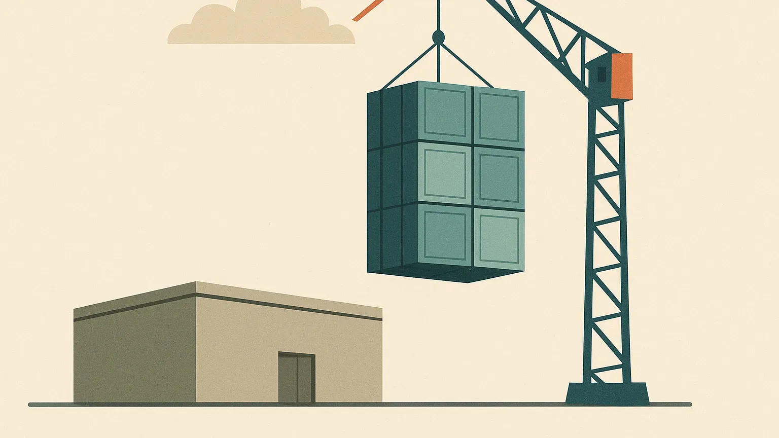 Illustration: shipping containers lifted by a crane from an old data centre hall, as a metaphor for a cloud migration.