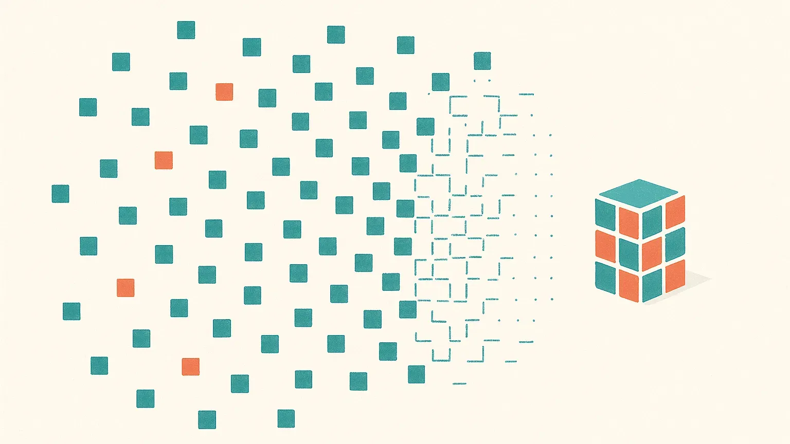 Verspreide losse blokjes die samenkomen tot één compacter blok.