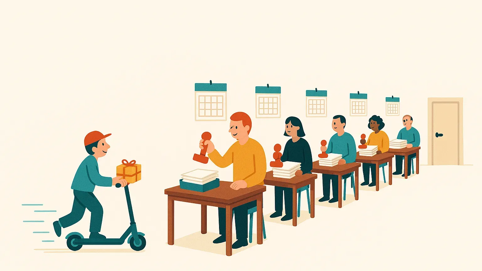 Illustratie: een koerier op een step levert een pakketje af bij een rij van vijf bureaus met stempels en kalenders, met een dichte deur aan het eind